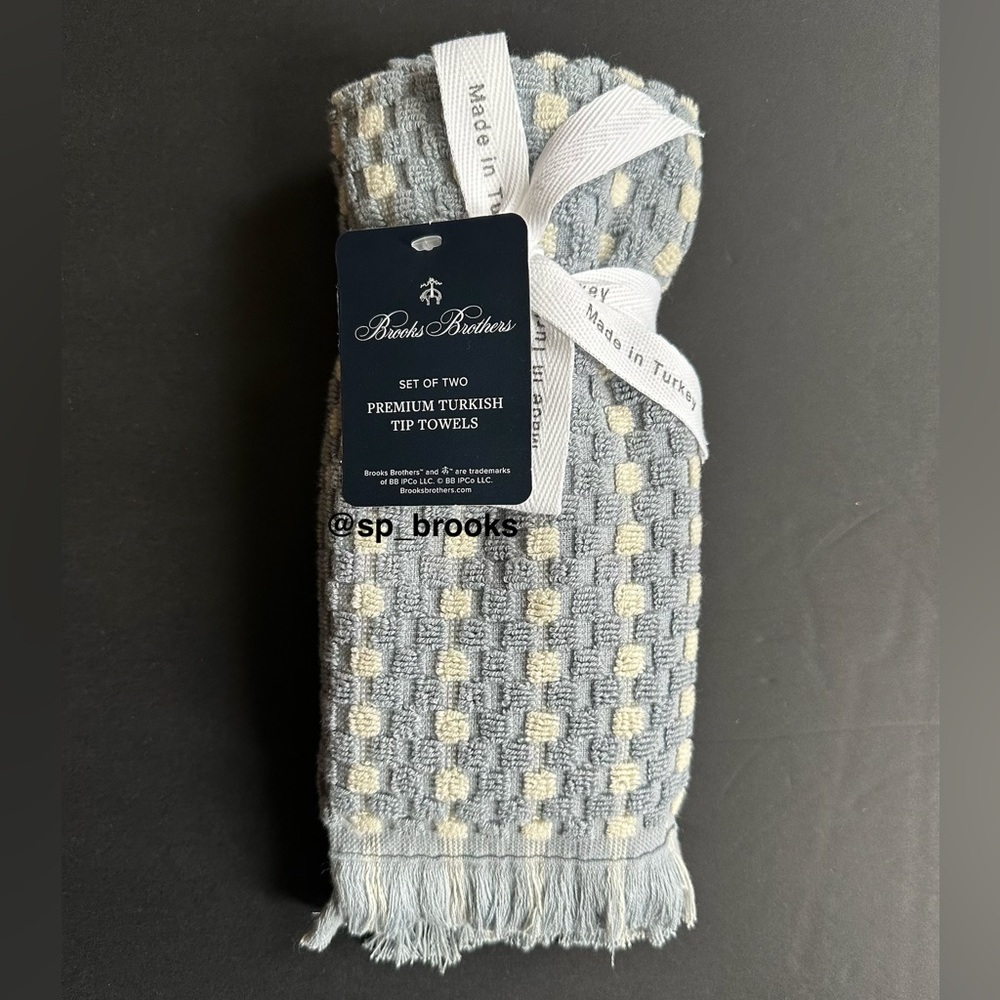🎁2PC Brooks Brothers Premium Turkish Cotton Tip Towel Set -Waffle Blue & Ivory